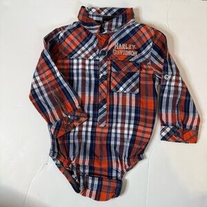Harley Davidson Orange Blue Plaid Long Sleeve Snap Closure Onesie Collar Sz 18 M